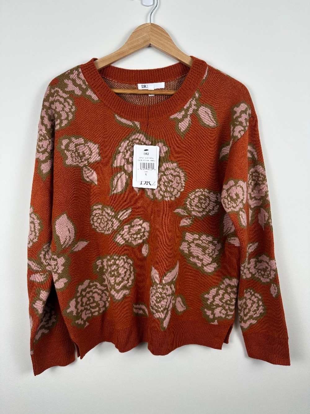 NWT DR2 Burnt Orange Pink Floral Sweater Crewneck Size L